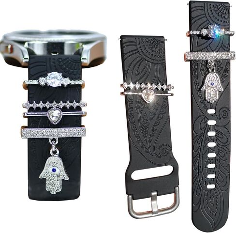 Women Watch Bands for Samsung Galaxy Watch 4 & 5 Bands with Charms, 20mm Boho Floral Engraved Silicone Strap with bling Decorative Rings Loops Jewelry for Watch 5 Pro/Watch 4 Classic 40mm 44mm 46mm 42mm/Watch 3 41mm/Active 2 in Kuwait