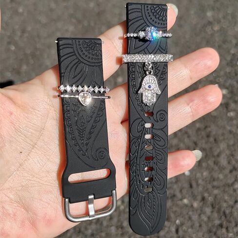 Women Watch Bands for Samsung Galaxy Watch 4 & 5 Bands with Charms, 20mm Boho Floral Engraved Silicone Strap with bling Decorative Rings Loops Jewelry for Watch 5 Pro/Watch 4 Classic 40mm 44mm 46mm 42mm/Watch 3 41mm/Active 2 in Kuwait