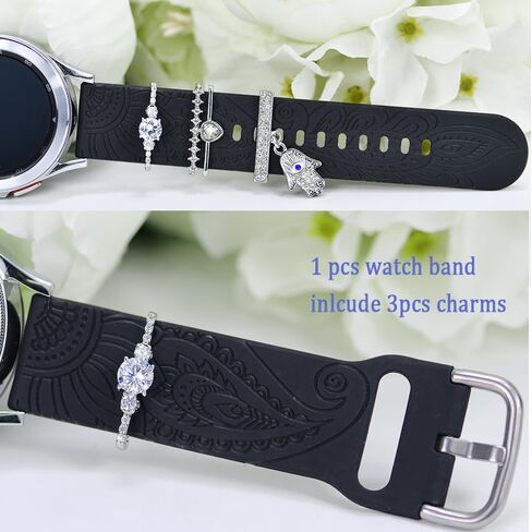 Women Watch Bands for Samsung Galaxy Watch 4 & 5 Bands with Charms, 20mm Boho Floral Engraved Silicone Strap with bling Decorative Rings Loops Jewelry for Watch 5 Pro/Watch 4 Classic 40mm 44mm 46mm 42mm/Watch 3 41mm/Active 2 in Kuwait