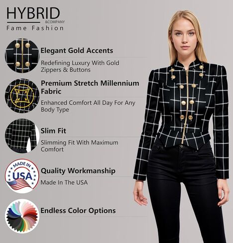 سترة نسائية أنيقة من Hybrid & Company، سترة عسكرية فاخرة فائقة التمدد باللون الذهبي/الفضي بسحاب علوي in Kuwait