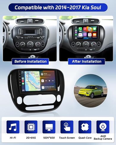 (Manual A/C) Roinvou 2+64G Android 13 CarPlay Stereo for 2014-2017 Kia Soul, Wireless CarPlay Radio with Android Auto, 9'' Touch Screen in-Dash GPS Navigation Support Mirror Link BT HiFi WiFi RDS SWC in Saudi Arabia