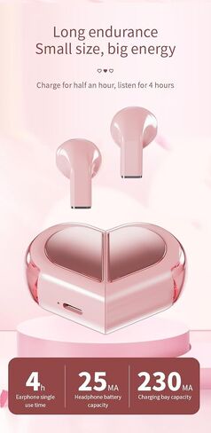 URIZONS Heart Shape TWS Earphones Wireless Earbuds with Mic in-Ear Headphones Wireless Headset for Lover Couples for Valentine for Sport Travel with USB C Charging Cable -Pink (Pink) in Saudi Arabia