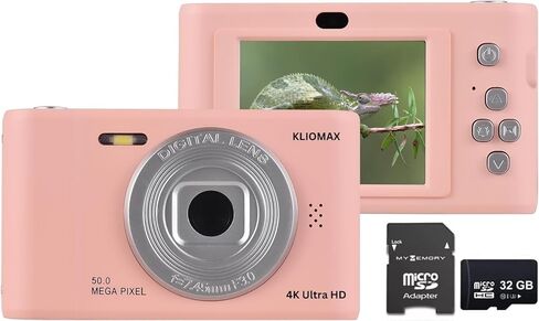 4K 50MP Digital Camera, Auto Focus Kids Camera Selfie with Front and Rear Dual Lenses, 32GB Card, 8X Digital Zoom, Compact Travel Vlogging Video Camera Gift for Kid Teen Beginner (White) in Kuwait