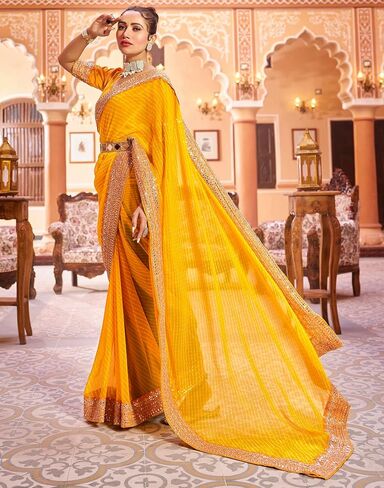 SIRIL Women's Bandhani Printed Embroidery Lace Georgette Saree in Kuwait