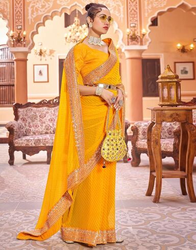 SIRIL Women's Bandhani Printed Embroidery Lace Georgette Saree in Kuwait