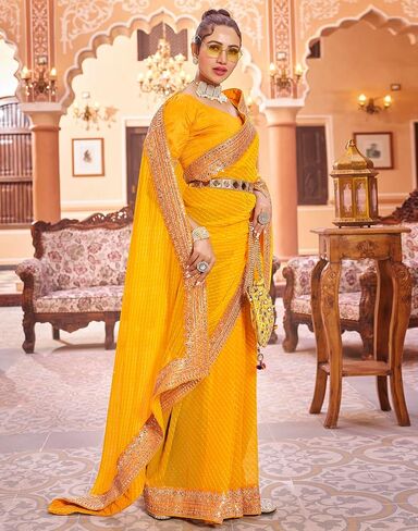 SIRIL Women's Bandhani Printed Embroidery Lace Georgette Saree in Kuwait