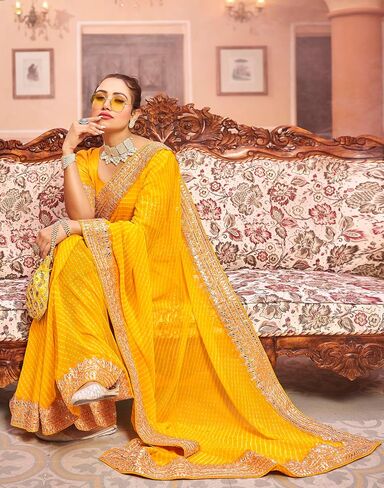 SIRIL Women's Bandhani Printed Embroidery Lace Georgette Saree in Kuwait