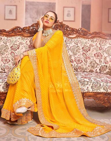 SIRIL Women's Bandhani Printed Embroidery Lace Georgette Saree in Kuwait
