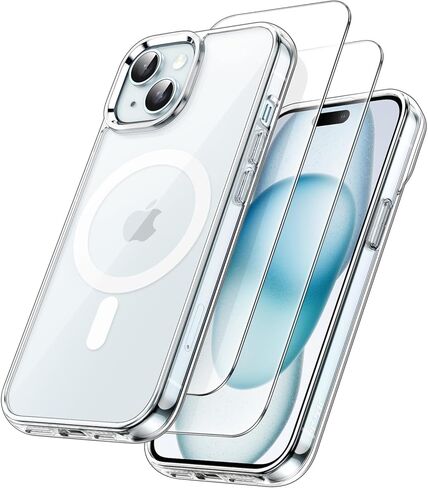 حافظة JETech مغناطيسية 3 في 1 لهاتف iPhone 15 مقاس 6.1 بوصة مع عبوتين من واقيات الشاشة من الزجاج المقوى، متوافقة مع MagSafe، غطاء هاتف مقاوم للصدمات (شفاف) in Kuwait