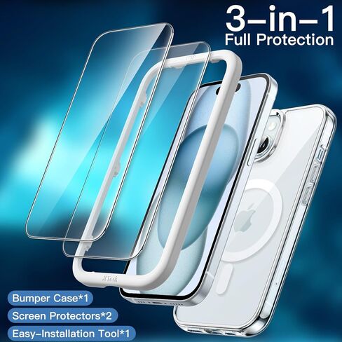 حافظة JETech مغناطيسية 3 في 1 لهاتف iPhone 15 مقاس 6.1 بوصة مع عبوتين من واقيات الشاشة من الزجاج المقوى، متوافقة مع MagSafe، غطاء هاتف مقاوم للصدمات (شفاف) in Kuwait