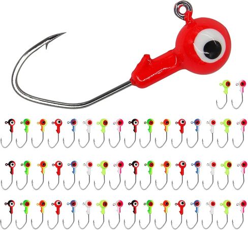 50pcs Fishing Jig Head Hooks kit, Round Ball Fishing Jigs Head with 3D Eyes Carbon Steel Jig Hooks for Soft Lures Freshwater Saltwater Bass Fishing 1/8oz 1/6oz 1/4oz 1/16oz 1/35oz in Saudi Arabia