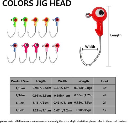 50pcs Fishing Jig Head Hooks kit, Round Ball Fishing Jigs Head with 3D Eyes Carbon Steel Jig Hooks for Soft Lures Freshwater Saltwater Bass Fishing 1/8oz 1/6oz 1/4oz 1/16oz 1/35oz in Saudi Arabia