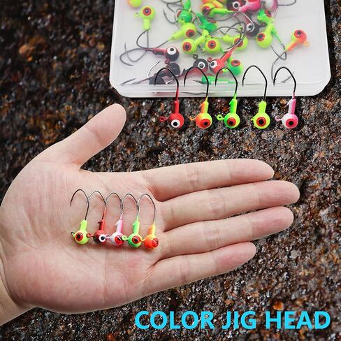 50pcs Fishing Jig Head Hooks kit, Round Ball Fishing Jigs Head with 3D Eyes Carbon Steel Jig Hooks for Soft Lures Freshwater Saltwater Bass Fishing 1/8oz 1/6oz 1/4oz 1/16oz 1/35oz in Saudi Arabia