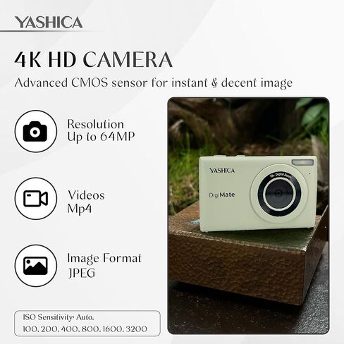 كاميرا Yashica DigiMate الرقمية، كاميرا 4K للتصوير الفوتوغرافي، كاميرا رقمية للنقطة والتقاط مع تكبير 18X، تدعم بطاقات Micro SD، كاميرا رقمية صغيرة للفتيات والفتيان في سن المراهقة - أوف وايت in Kuwait