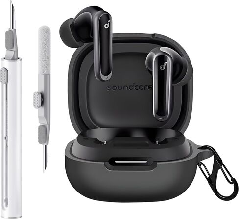 غطاء حافظة متوافق مع سماعات Soundcore P40i من Anker Earbuds، غطاء من السيليكون مع مجموعة أدوات تنظيف وغطاء واقٍ مقاوم للصدمات مع سلسلة مفاتيح إكسسوارات Carabiner (أسود) in Kuwait