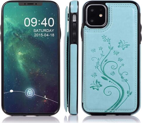 حافظة UEEBAI لهاتف iPhone 12 Mini مقاس 5.4 بوصة، حافظة جلدية PU فاخرة [مشبك مغناطيسي] [فتحات للبطاقات] وظيفة الوقوف نمط زهرة الفراشة غطاء محفظة خلفي ناعم متين مقاوم للصدمات من مادة TPU - أخضر نعناعي in Kuwait