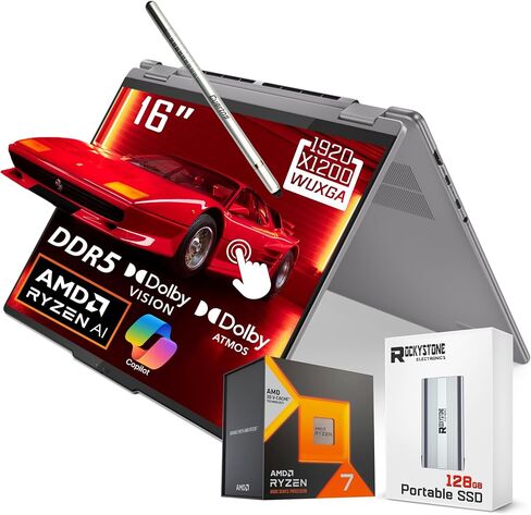 Lenovo Yoga 7 2-in-1 AI Laptop, 16" 1920x1200 Touchscreen, AMD Ryzen 7 8840HS(>i7-12700H, 5.10 GHz), Copilot, Backlit Keyboard, Fingerprint, Windows 11 Pro, Gray(16GB 6400 MHz DDR5 RAM | 1TB SSD) in Saudi Arabia