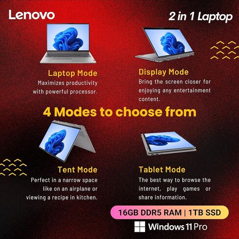 Lenovo Yoga 7 2-in-1 AI Laptop, 16" 1920x1200 Touchscreen, AMD Ryzen 7 8840HS(>i7-12700H, 5.10 GHz), Copilot, Backlit Keyboard, Fingerprint, Windows 11 Pro, Gray(16GB 6400 MHz DDR5 RAM | 1TB SSD) in Saudi Arabia