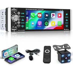 Hikity Single Din Car Stereo with Carplay Android Auto, 5.1 Inch IPS Touch Screen Car Radio Support Bluetooth FM Mirror Link SWC Voice Assistant AUX-in USB TF Card Port Backup Camera