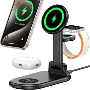3 in 1 Charging Station for Apple Mag Safe Charger, 15W Max Foldable Wireless Charging Stand for iPhone 16/15/14/13/12, Fast Magnetic Travel Charger for Multiple Devices iWatch Airpods (Black)