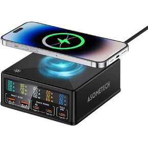 Charging Station, 160W 5-Port USB C with 65W PD, QC3.0, Wireless Charger, LCD Display for MacBook, Laptop, iPad, iPhone, Samsung