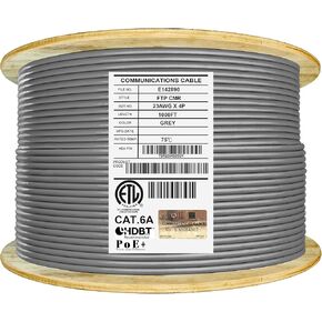Elite Cat6A Shielded Riser (CMR), 1000ft, FTP 23AWG, Solid Bare Copper, 650MHz, 10Gb Speeds, UL Listed, UL-LP Certification, Higher Performance PoE, Bulk Ethernet Cable Reel, Grey