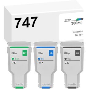 747 Chromatic Green, 747 Chromatic Blue, 747 Gray Compatible Ink Replacement for HP 747 Ink Cartridge 300-ml for DesignJet Z6 & DesignJet Z9+ Printers, P2V84A P2V85A P2V86A