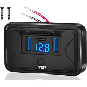 90W 3 Ports 12V RV USB Outlet with LED Voltmeter, Dual PD3.0 Type-C Quick Charge 72W & QC3.0 18W Panel Wall Mount, Automotive Car Multi-Port USB Socket Charger Adapter for RV Marine Boat Bus ATV