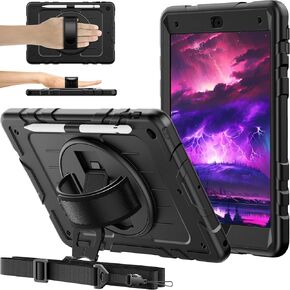 for iPad 9th/8th/7th Generation case 10.2 inch，Heavy Duty Full-Body Shockproof Protective case with Pencil Holder Built-in 360° Rotating Hand Strap.2021-2019 (Black)