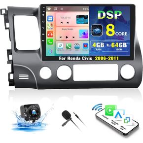 8 Core/4G+64G Android Car Stereo for Honda Civic 2006-2011 Wireless Carplay&Android Auto, 10.1" IPS Touchscreen 1280 * 720 DSP Auto Radio GPS Bluetooth FM/RDS 32EQ WiFi SWC+Backup Cam&Mic