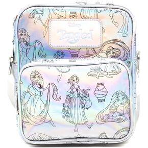 Disney Vegan Leather Crossbody Backpack with Adjustable Strap, Tangled Rapunzel Poses Iridescent Holographic