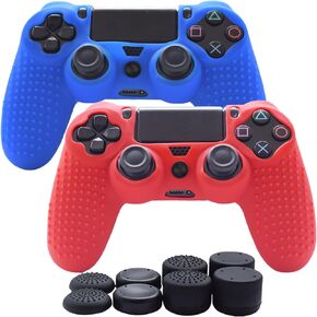 مقابض متوافقة مع جلد وحدة تحكم PS4، مقابض سيليكون لوحدة تحكم PlayStation 4 غطاء حماية مضاد للانزلاق لجهاز تحكم PS4 - حزمة 2 مع 8 قطع من مقابض الإبهام الاحترافية - أزرق وأحمر in Kuwait