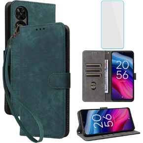 for TCL 505 Wallet Phone Case with Screen Protector [RFID Blocking] Leather Flip Card Holder Kickstand Wrist Strap Women Men Cell Phone Case for TCL505 Green
