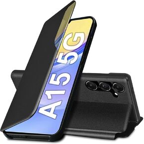 A15 Flip Case for Samsung Galaxy A15 5G Case, Clear View Slim Fit Leather Cover for Samsung A15 Phone Case with Kickstand Rugged Heavy Duty Shockproof Bumper Shell (6.5 Inches, 2024) (Black)