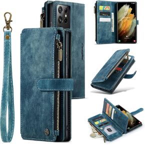 UEEBAI Wallet Case for Samsung Galaxy S21 5G, Premium Handmade PU Leather Phone Case Card Slots Magnetic Closure Zipper Pocket Kickstand Flip Case with Hand Strap - Vintage Black