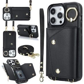 LUVI Compatible with iPhone 16 Pro Wallet Case with Card Holder Crossbody Neck Strap Lanyard Wrist Strap Purse for Women PU Leather Flip Case with Credit Card Kickstand Stand Case White