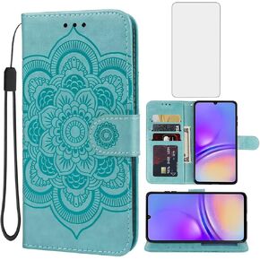 Case for Galaxy A05 Case, Samsung A05 SM-A055F Wallet Case with Tempered Glass Screen Protector, Mandala Leather Flip Credit Card Holder Stand Phone Cover Cases for Samsung Galaxy A05 Rose Gold