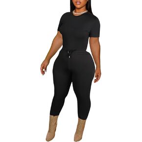 LovelyWholesale Women Short Sleeve Crop Top and Leggings Workout Sets Basic Summer 2 Piece Outfits
