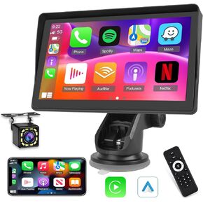 7 Inch Protable Apple Carplay Car Screen, Wireless Android Auto Dash Mount, Car GPS Navigation System with Mirror Link/Bluetooth/FM Transmitter/USB + 12LED Backup Camera