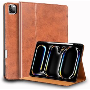 for Ipad Pro 13-inch Case M4 7th Gen 2024(Model:A2925/A2926) Genuine Leather Cover Protective Shell,Built-in Pencil Holder and Auto Wake/Sleep.Red