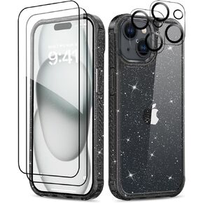 حافظة MIODIK لهاتف iPhone 15، [5 في 1] مع واقي شاشة 2X + واقي عدسة الكاميرا 2X، [غير صفراء] حافظة هاتف لامعة شفافة، غطاء واقٍ مقاوم للصدمات للنساء والفتيات مقاس 6.1 بوصة - شفاف لامع
