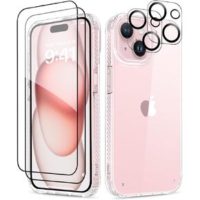 MIODIK for iPhone 15 Case, [5 in 1] with 2X Screen Protector + 2X Camera Lens Protector, [Not Yellowing] Clear Glitter Phone Case, Protective Shockproof Women Girls Cover for 6.1 Inch - Sparkle Clear