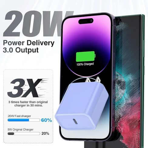كتلة شاحن سريع iPhone 16/15، 20 وات، 3 عبوات، كتلة شاحن USB C من النوع C، كتلة شحن سريع، قابس جداري، محول PD من النوع C لهاتف iPhone 16 Pro Max/iPhone 15 Plus/14/13/12/11/X/AirPods/ آيباد برو/إير/ميني in Kuwait