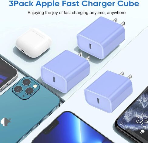 كتلة شاحن سريع iPhone 16/15، 20 وات، 3 عبوات، كتلة شاحن USB C من النوع C، كتلة شحن سريع، قابس جداري، محول PD من النوع C لهاتف iPhone 16 Pro Max/iPhone 15 Plus/14/13/12/11/X/AirPods/ آيباد برو/إير/ميني in Kuwait