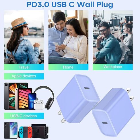 كتلة شاحن سريع iPhone 16/15، 20 وات، 3 عبوات، كتلة شاحن USB C من النوع C، كتلة شحن سريع، قابس جداري، محول PD من النوع C لهاتف iPhone 16 Pro Max/iPhone 15 Plus/14/13/12/11/X/AirPods/ آيباد برو/إير/ميني in Kuwait