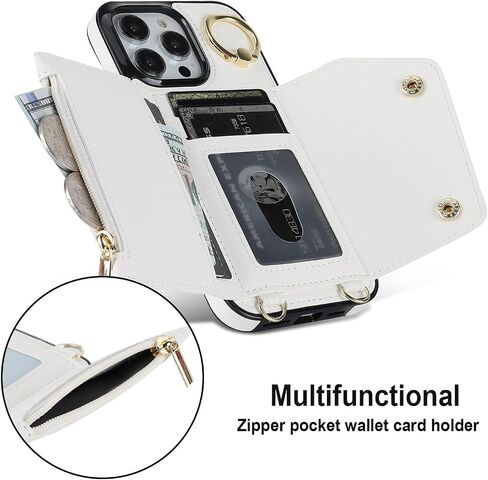 LUVI Compatible with iPhone 16 Pro Wallet Case with Card Holder Crossbody Neck Strap Lanyard Wrist Strap Purse for Women PU Leather Flip Case with Credit Card Kickstand Stand Case White in Saudi Arabia