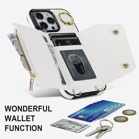 LUVI Compatible with iPhone 16 Pro Wallet Case with Card Holder Crossbody Neck Strap Lanyard Wrist Strap Purse for Women PU Leather Flip Case with Credit Card Kickstand Stand Case White in Saudi Arabia