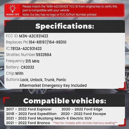 Beefunny Replacement Flip Remote Keyless Entry Key Fob for Ford Mustang Mach-E Electric SUV 2021 2022 Expedition Explorer Edge Bronco 2017-2022 FCC ID:M3N-A2C931423 PN:164-R8197 (with chip) in Saudi Arabia