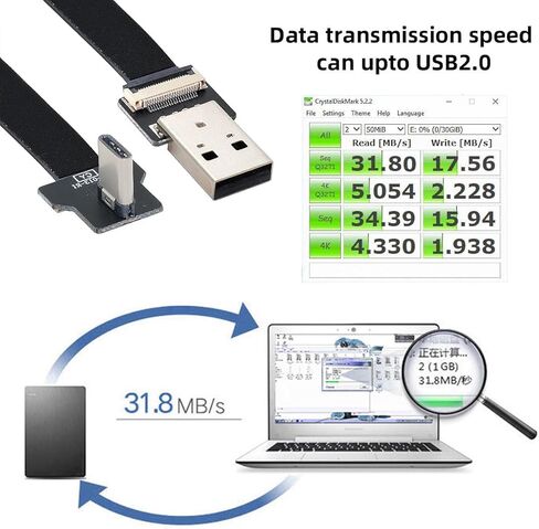 Cablecc الزاوية اليمنى USB 2.0 Type-A ذكر إلى USB-C Type-C ذكر بيانات مسطحة سليم FPC كابل ل FPV والقرص والهاتف 20 سنتيمتر in Kuwait