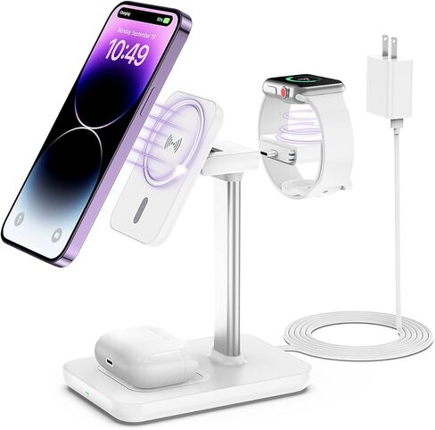3 in 1 Wireless Charging Station Mag-Safe Wireless Charger for iPhone 16 15 14 13 12 Series, Wireless Charger for AirPods Pro 2 3 4, Wireless Charging for Apple iWatch Series Stand, White in Saudi Arabia